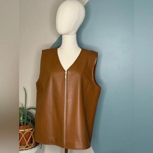 Nordstrom Genuine Lambskin Leather Zip Vest Brown Tan Lined Minimalist Y2K Large - Picture 2 of 10